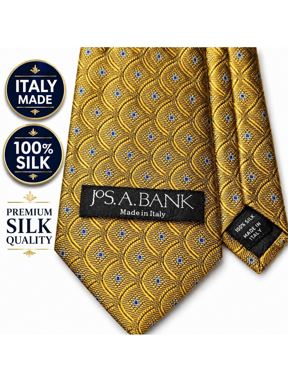 Jos A Bank Silk Tie Gold Blue Geometric Mens Executive Classic 3.5”